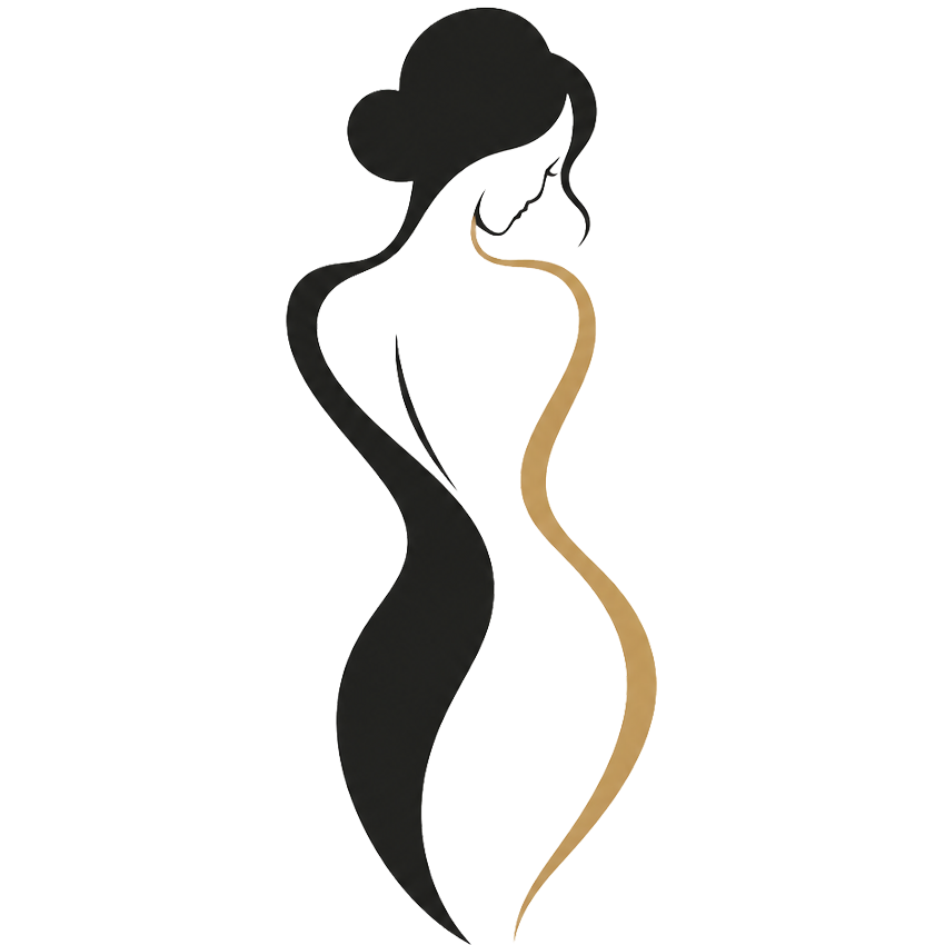 Abstract gold and black feminine figure icon formed with graceful curves, representing figure photography and human form.