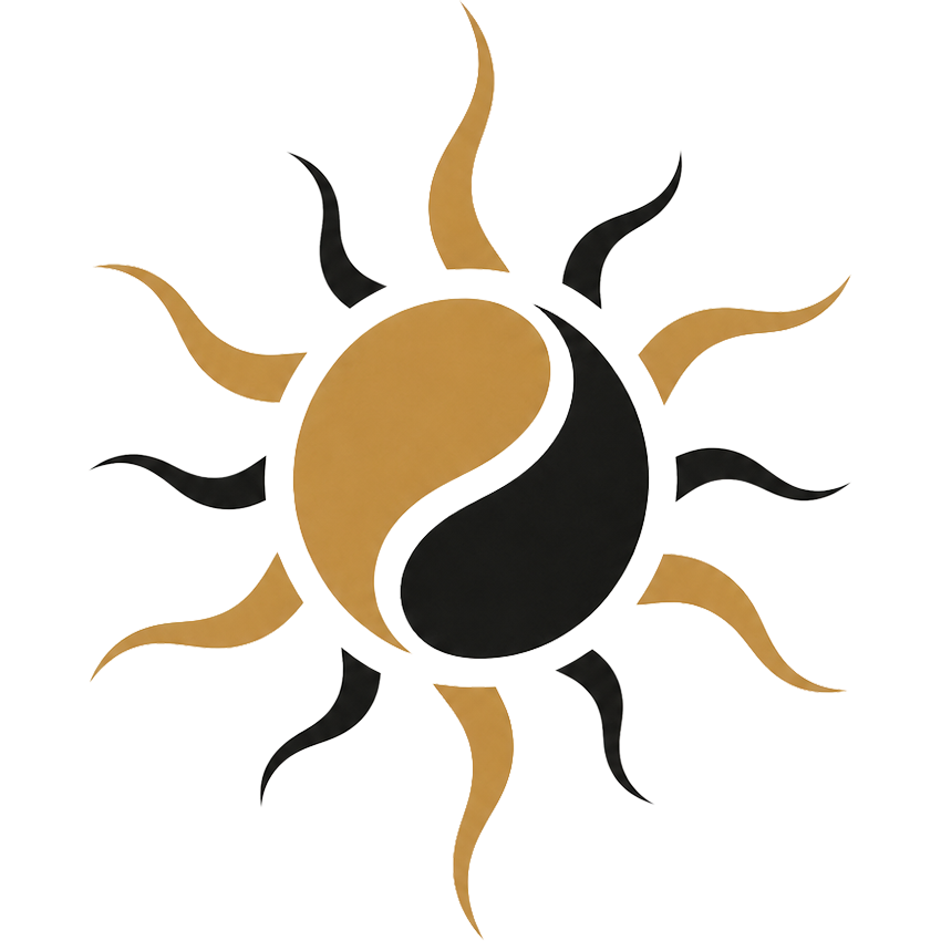 Abstract gold and black sun icon with curved rays and contrasting forms, representing light and shadow in photography.