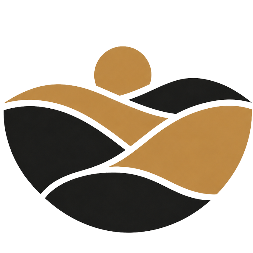 Abstract gold and black icon of rolling hills with a rising sun, representing place, stillness, and landscape photography