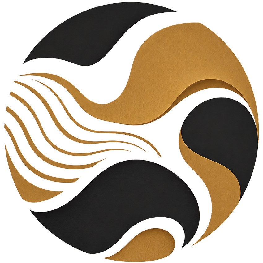 Abstract gold and black circular icon with flowing curved forms and layered line textures, representing texture and abstraction.