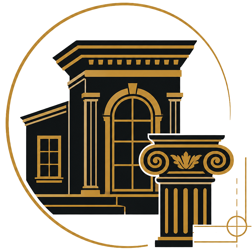 Black and gold architecture icon featuring a classical-style building façade, arched window, decorative column capital, and drafting detail marks.