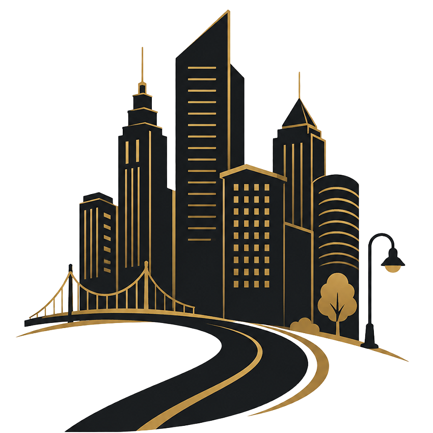 Black and gold cityscape icon with tall buildings, a bridge, trees, streetlamp, and a curving road.