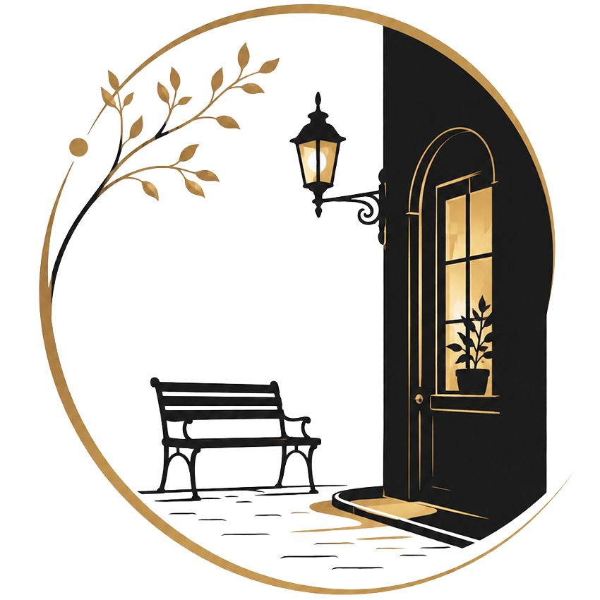 Black and gold icon showing a quiet corner with a bench, tree branch, doorway, glowing window, and lantern.