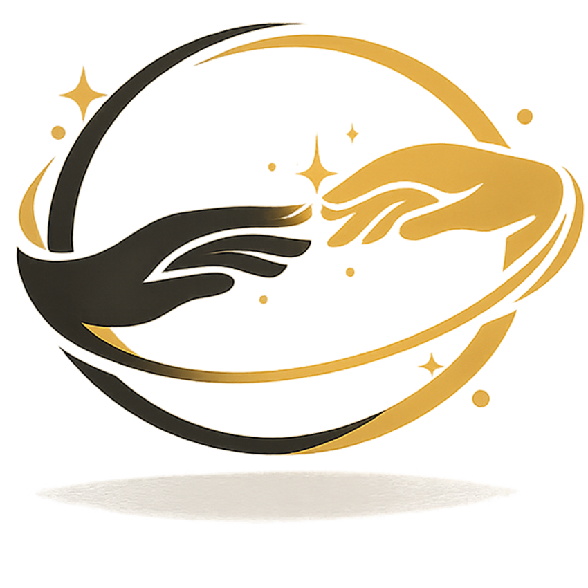 Gold and black icon of two stylized hands reaching toward each other, representing connection and meaningful interaction.