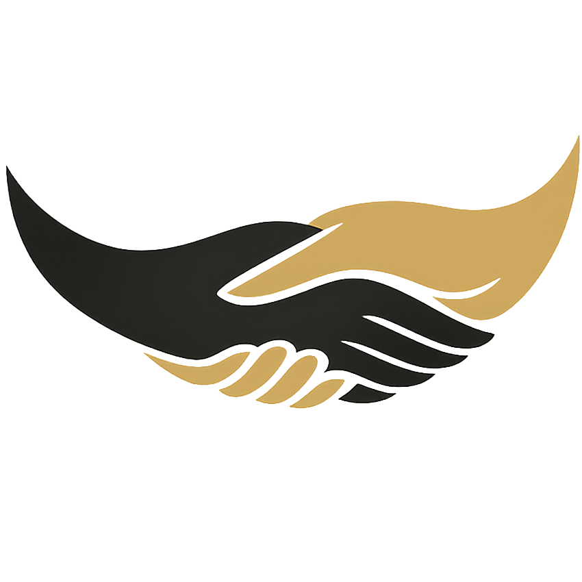 Abstract gold and black icon of two stylized hands joining in a handshake, representing collaboration and partnership.