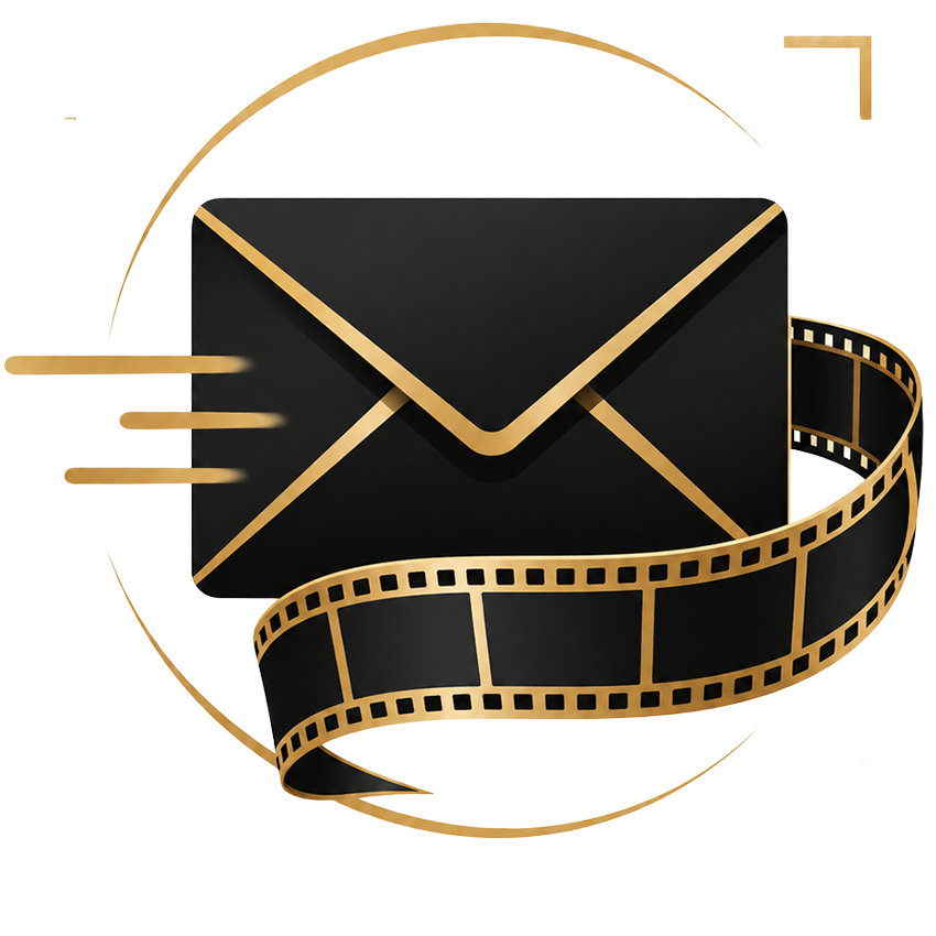 Black and gold envelope icon wrapped with a filmstrip, symbolizing photo delivery.