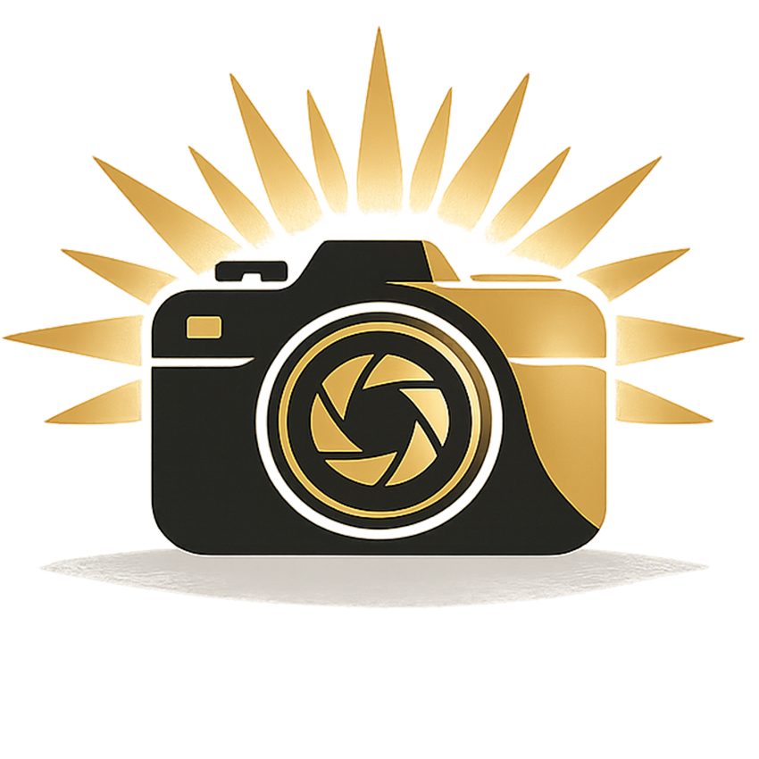Gold and black camera icon with radiant light rays, representing experience, skill, and photographic expertise.