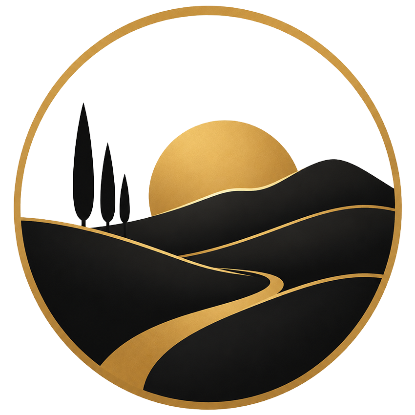 Black and gold landscape icon with rolling hills, a setting sun, trees, and a winding path.
