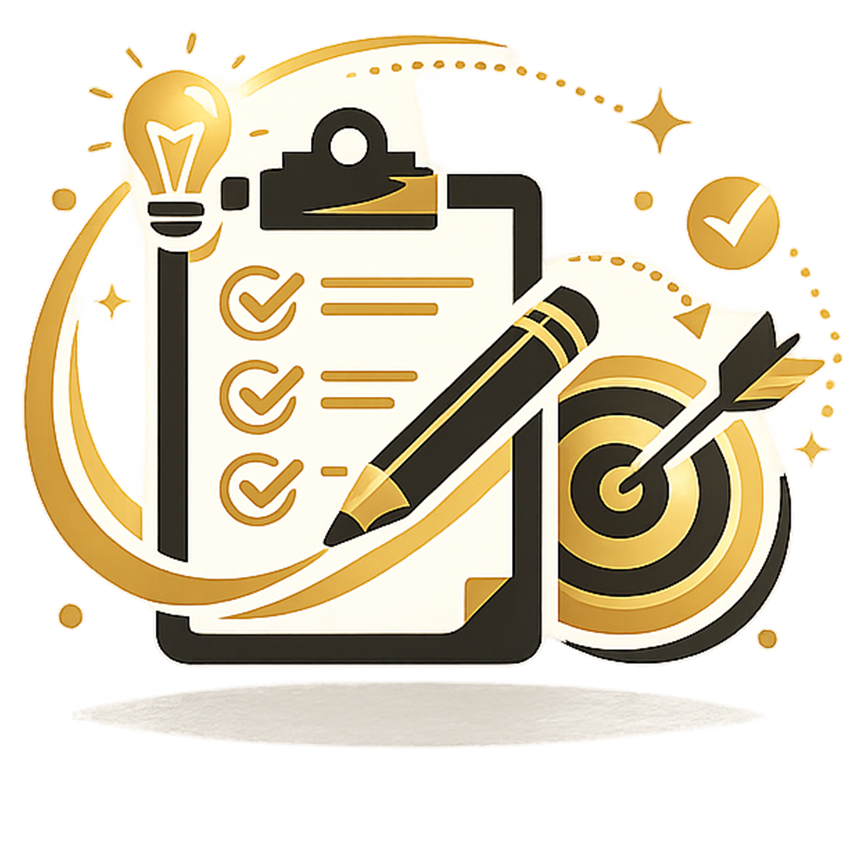 Gold and black planning icon with a checklist, pencil, light bulb, and target, representing preparation and creative direction.