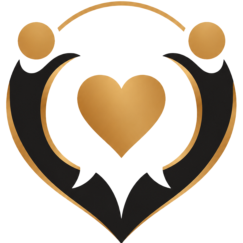 Gold and black icon of two abstract figures forming a heart around a central gold heart, representing trust and connection.