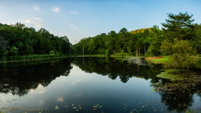 Still water and summer greenery in Cinnamon Valley near Eureka Springs, Arkansas. Calm lake reflecting trees and sky in Cinnamon Valley near Eureka Springs, Arkansas.