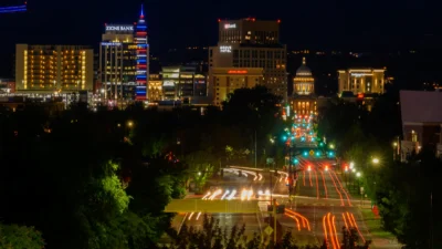 The Idaho State Capitol in Boise, photographed at night from the old train station. Night view of the Idaho State Capitol in Boise seen from the old train station overlook.