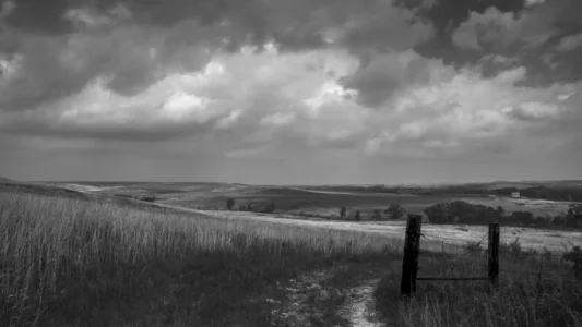 Fence posts and tall grass frame a quiet prairie landscape beneath a heavy sky. Black and white photograph of a prairie landscape with fence posts, tall grass, rolling hills, and heavy storm clouds.